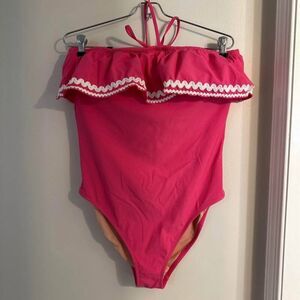 NWT J.Crew Bandeau Swimsuit Sweet Pink Rickrack Ruffle Halter Tie NWT 14